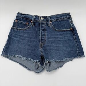 Levis 501 Original High Waisted Cut Off Denim Shorts Medium Wash Blue Button Fly